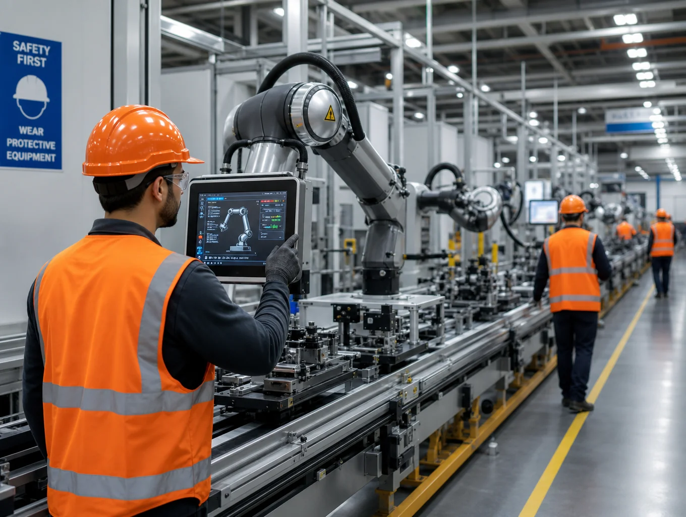 Professional engineer inspecting industrial production machinery